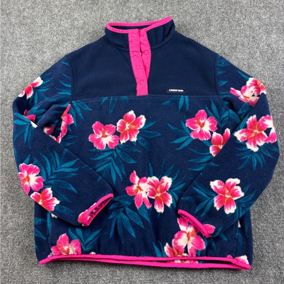 Lands' End Other - LANDS END Girls Heritage Fleece Snap Neck Sweatshirt Blue/Pink Floral Hibiscus M